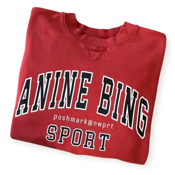 ANINE BING ♥️ Sport Jaci Graphic Logo Sweatshirt Pullover Red Black S Small - Picture 3 of 15